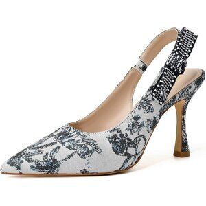 Women's Blue White Leather High Kitten Heel Shoes Closed Pointed Toe Dress Pumps